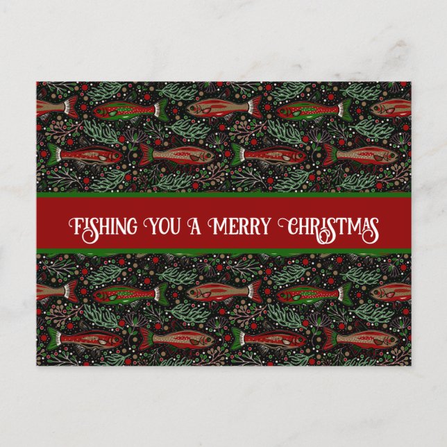 Carte Postale Pêche Vous un Joyeux Noël Truite Rouge Vert (Devant)
