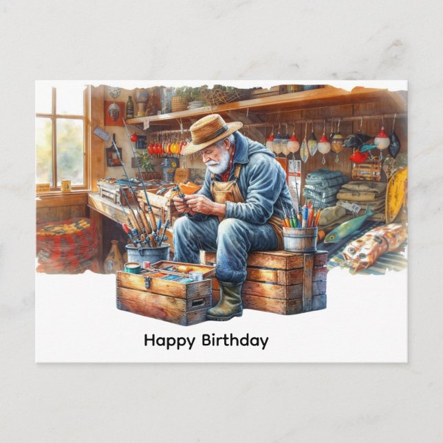 Carte Postale Pêcheur à la boutique de pêche joyeux anniversaire (Devant)