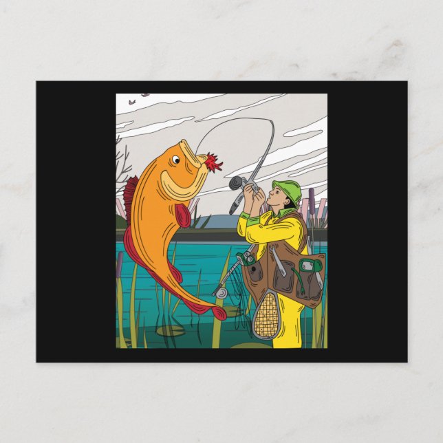 Carte Postale Pêcheur Capture Gros Poisson (Devant)