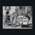 Carte Postale Pedal Power, années 1930<br><div class="desc">Photo des années 1930 de petits garçons avec chien,  tricycles et Plymouth Fire Chief voiture jouet,  peut-être une voiture à pédales.</div>