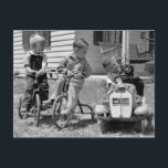 Carte Postale Pedal Power, années 1930<br><div class="desc">Photo des années 1930 de petits garçons avec chien,  tricycles et Plymouth Fire Chief voiture jouet,  peut-être une voiture à pédales.</div>