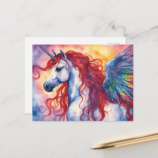 Carte Postale Pégase Unicorne avec Mane Rouge (Devant/Arrière en situation)