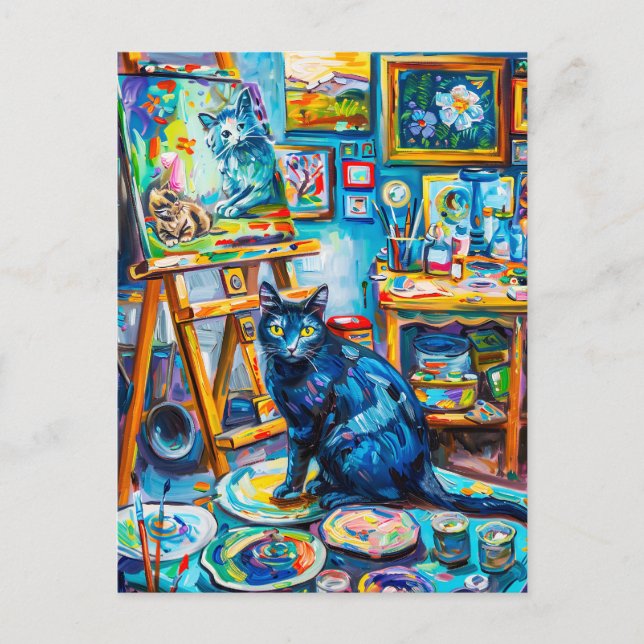 Carte Postale Peindre un chat dans l'atelier du peintre (Devant)