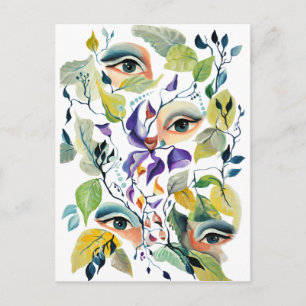 Carte Postale Peint à la main Elegant Feminine Eyes Feuilles col