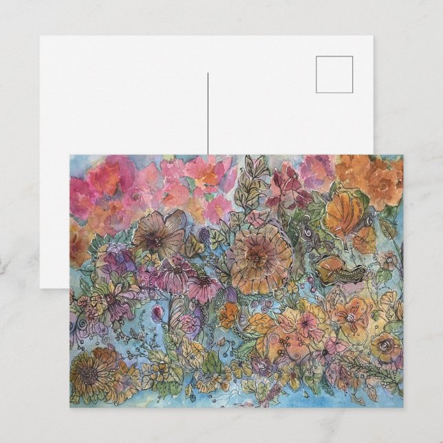 Carte Postale Peinture à l'aquarelle de jardin fleuri Boho Chic (Devant / Derrière)