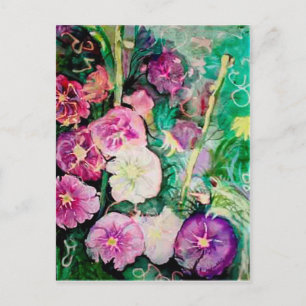 Carte Postale Peinture à l'aquarelle violette et verte Hollyhock