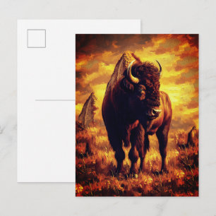 Carte Postale Peinture à l'huile de bison majestueux – Coucher d