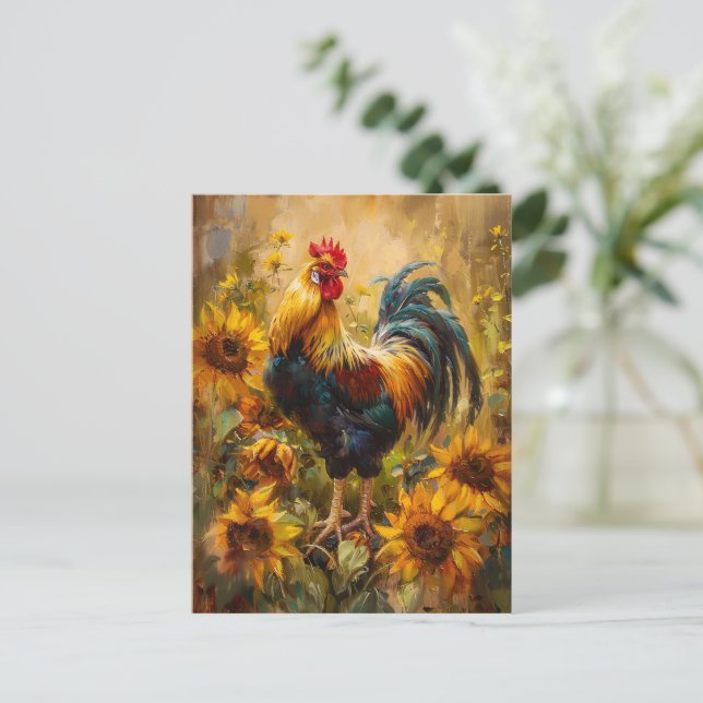 Carte Postale Peinture à l'huile de coq et de tournesol (Debout devant)