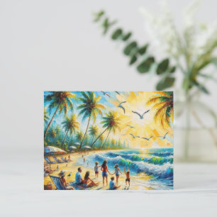 Carte Postale Peinture à l'huile de coucher de soleil sur la pla