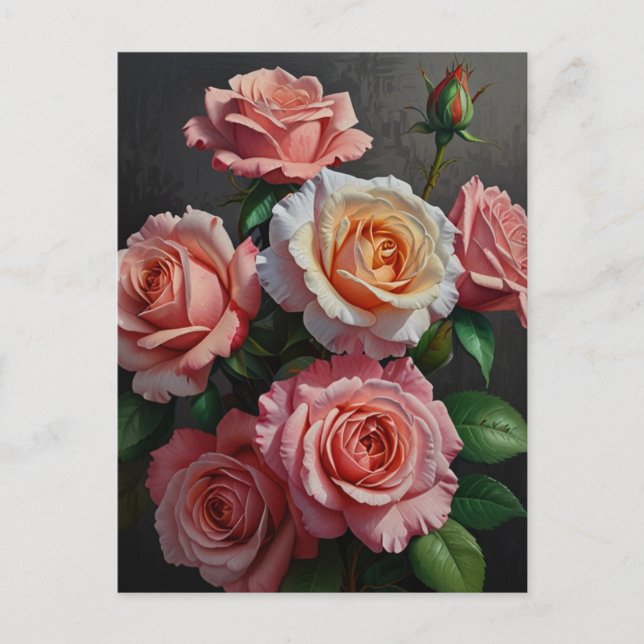 Carte Postale Peinture à l'huile de fleurs de rose (Devant)
