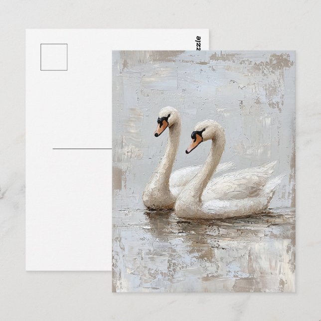 Carte Postale Peinture à l'huile de paire de cygne de découpage (Devant / Derrière)