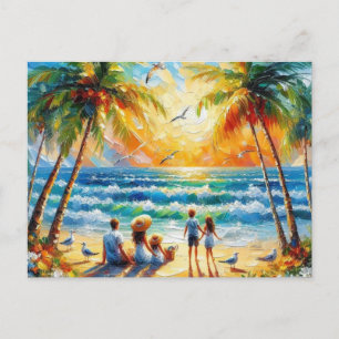 Carte Postale Peinture à l'huile du coucher de soleil sur la pla