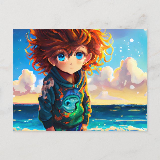 Carte Postale Peinture à l'huile d'un garçon d'Anime aux cheveux (Devant)