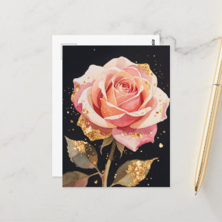 Carte Postale Peinture à l'huile fleurs de rose pailletées d'or