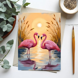 Carte Postale Peinture Animale Coucher de Soleil Flamants Roses