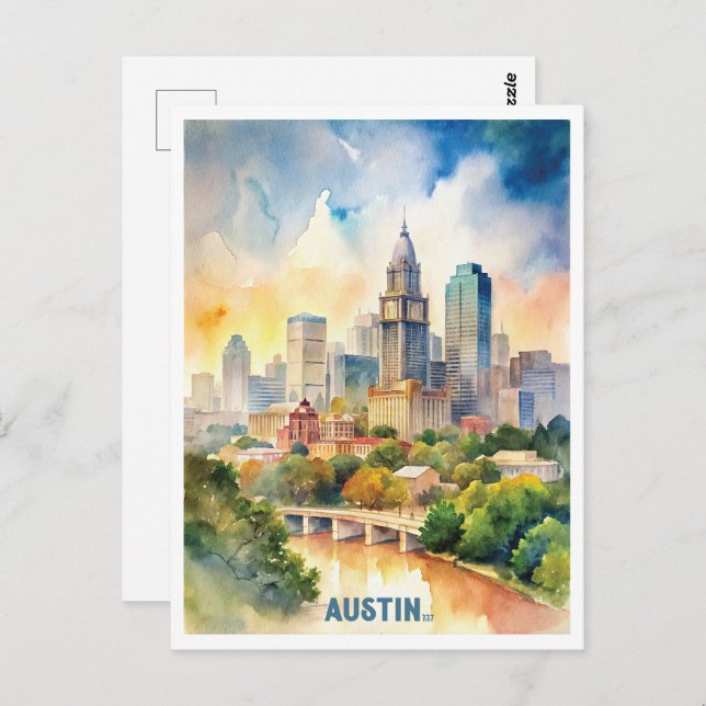 Carte Postale Peinture aquarelle Austin City (Devant / Derrière)