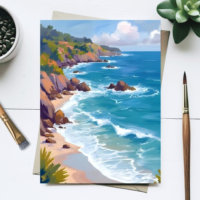 Carte Postale Peinture aquarelle de la marée de l'océan bleu côt (Créateur téléchargé)