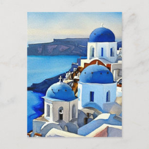 Carte Postale Peinture aquarelle de Santorin Grèce