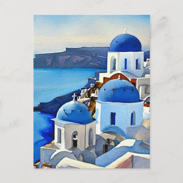 Carte Postale Peinture aquarelle de Santorin Grèce (Devant)