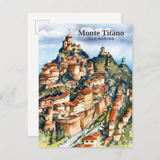 Carte Postale Peinture aquarelle de voyage à Monte Titano San Ma (Devant / Derrière)