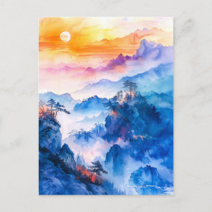 Carte Postale Peinture aquarelle du coucher de soleil montagne c