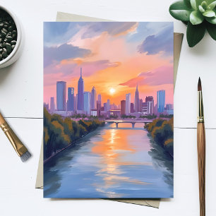 Carte Postale Peinture aquarelle du coucher de soleil sur la vil