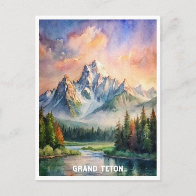 Carte Postale Peinture aquarelle du parc national du Grand Teton (Devant)