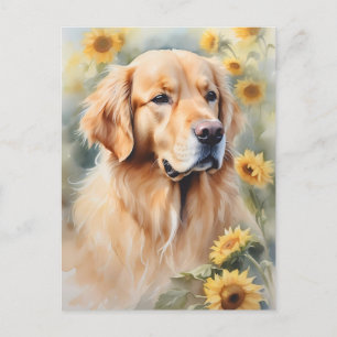 Carte Postale Peinture aquarelle Golden Retriever et tournesol