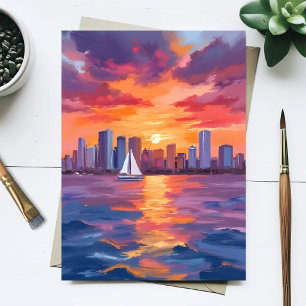 Carte Postale Peinture aquarelle reflet du coucher de soleil sur