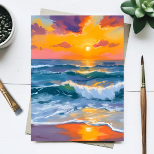 Carte Postale Peinture aquarelle Vagues de coucher de soleil dor
