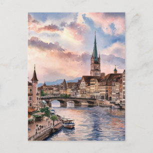 Carte Postale Peinture aquarelle Zurich Suisse