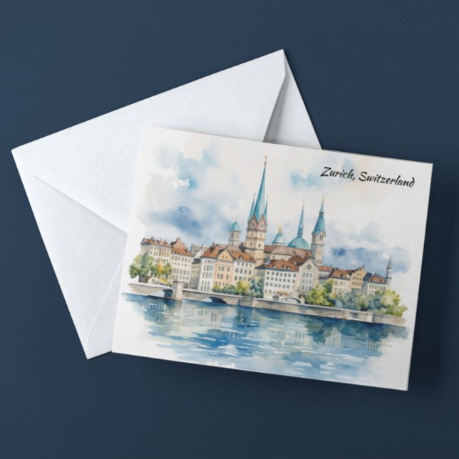 Carte Postale Peinture aquarelle Zurich Suisse (Zurich Switzerland Watercolor Painting Postcard)