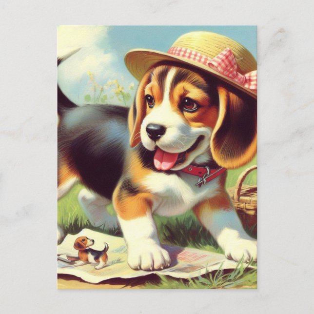Carte Postale Peinture Beagle sur chiot (Devant)