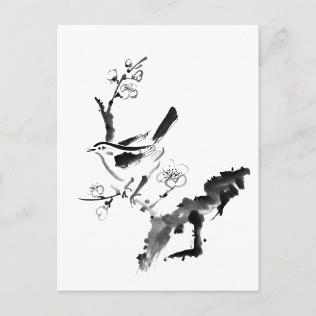 Carte Postale Peinture chinoise, fleur de prune et oiseau (Devant)