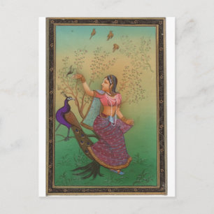 CARTE POSTALE PEINTURE-DAME INDIENNE DANS LE JARDIN DE PEACOCK