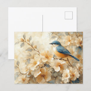 Carte Postale Peinture d'arbre en fleurs d'oiseaux bleus