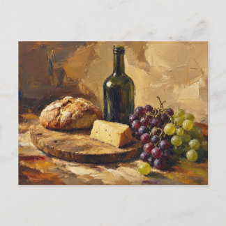 Carte Postale Peinture d'art abstrait Pain Fromage Raisins Vin
