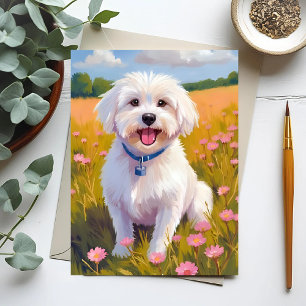 Carte Postale Peinture de champ de fleurs de chien maltais