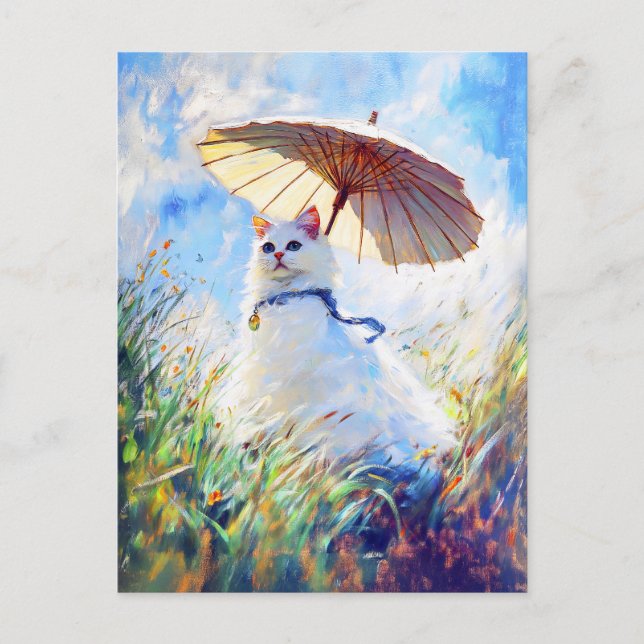 Carte Postale Peinture de chat blanc avec parasol dans le champ  (Devant)