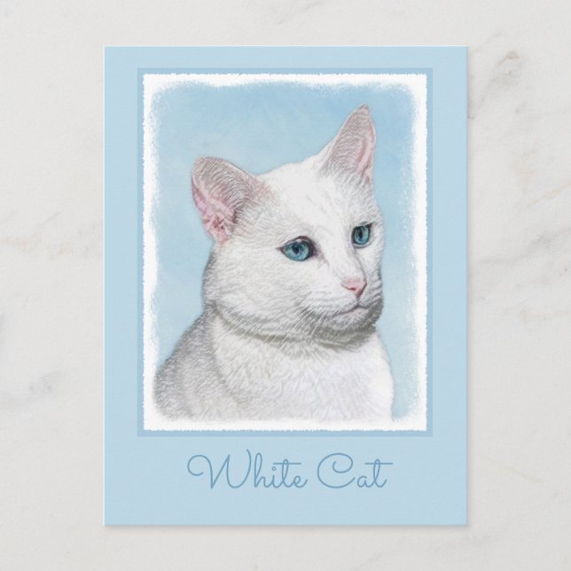 Carte Postale Peinture de chat blanc - Cute Original Cat Art (Devant)