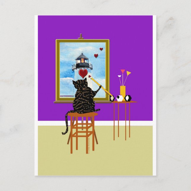 Carte Postale Peinture de chat Maison lumière + Coeurs (Devant)