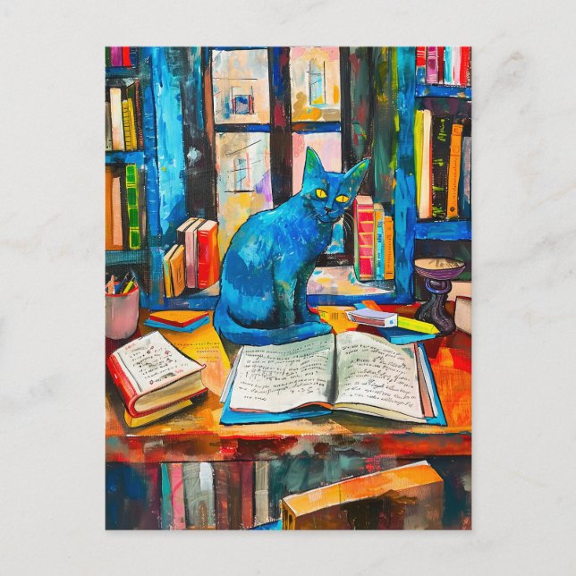 Carte Postale peinture de Chat parmi des livres ouverts (Devant)