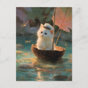 Carte Postale Peinture de chaton blanc duveteux naviguant dans u