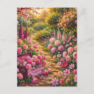 Carte Postale Peinture de chemin de jardin fleuri rose rêveur