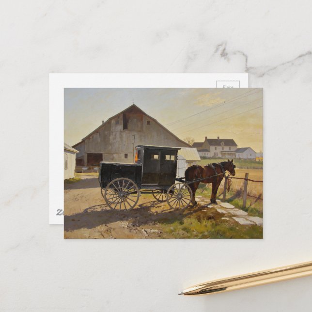 Carte Postale Peinture de cheval et buggy Amish (Devant/Arrière en situation)