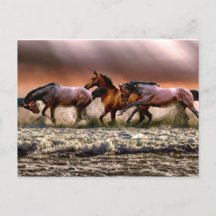 Carte Postale Peinture de chevaux courant dans les vagues de l'o