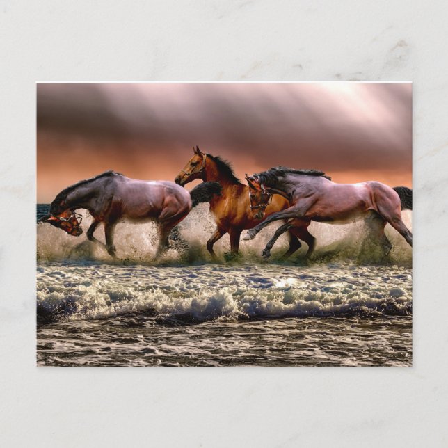 Carte Postale Peinture de chevaux courant dans les vagues de l'o (Devant)