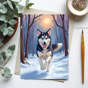 Carte Postale Peinture de chien Husky sibérien Hiver