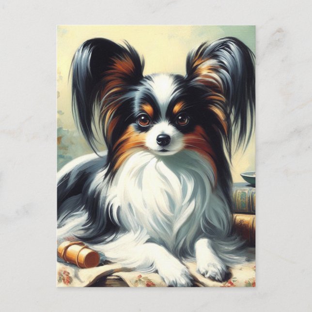 Carte Postale Peinture de chien Papillon vintage (Devant)
