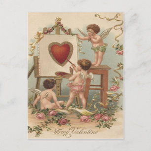 Carte Postale Peinture de cœur de Cupidon Roses Rose